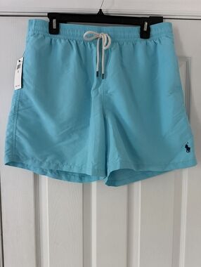 Men's Light Blue Swim Trunks with Drawstring
